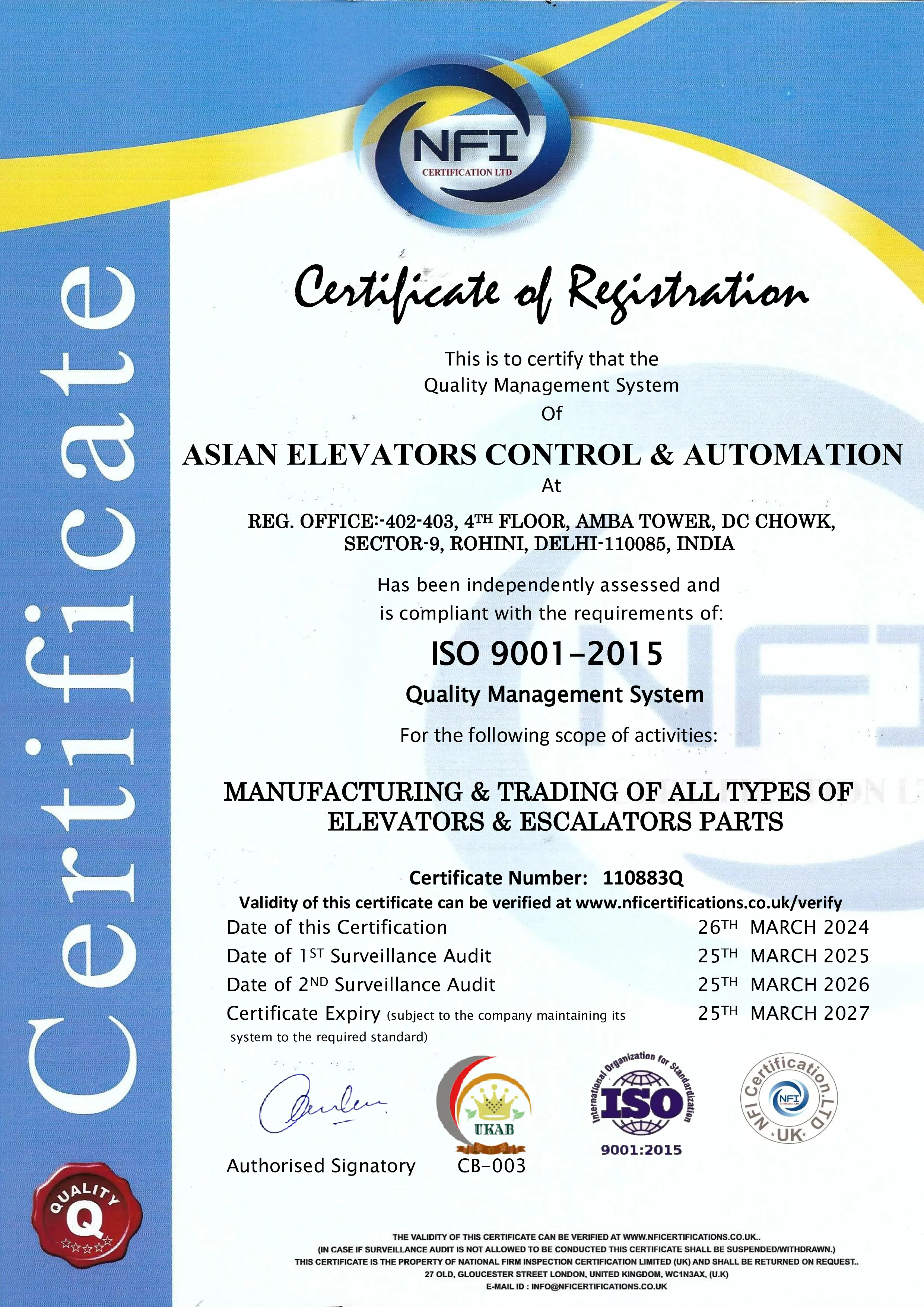 NFI ISO 9001-2015 Quality Management System Certificate